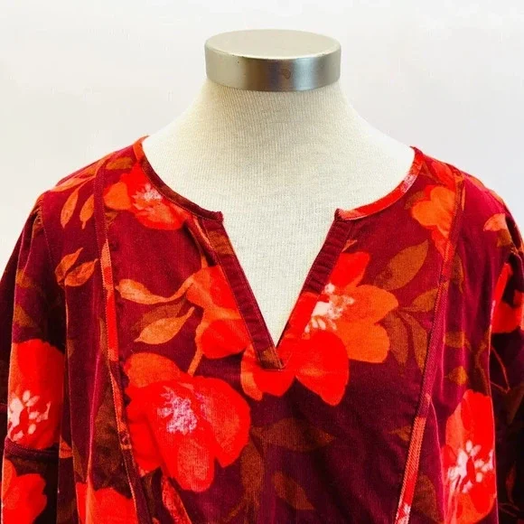 NWT SONOMA Women 3/4 Sleeve Pullover V-Neck Corduroy Cotton Floral Shirt Sz PXXL - Picture 2 of 14